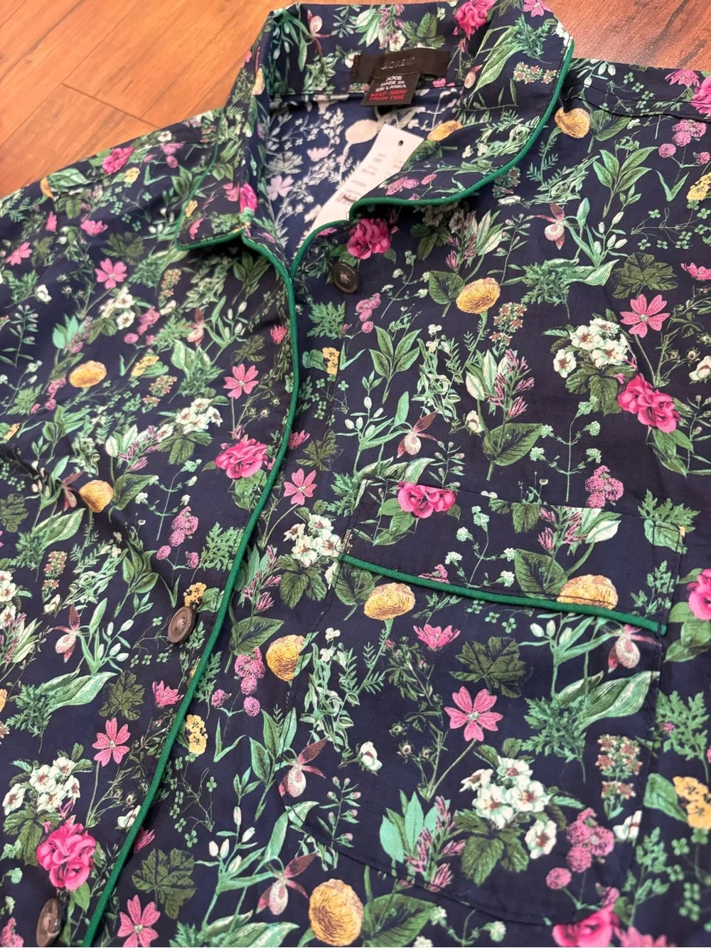 J. Crew Cotton Poplin Lounge Top Navy Green Floral Button Front PajamasXXS NWT